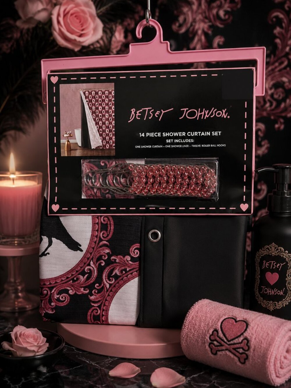 Betsey Johnson Pink Black Gothic Floral 14 Piece Bath Shower Curtain Set NWT